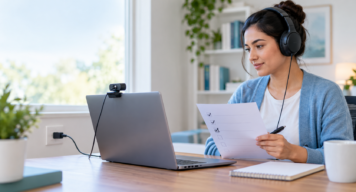 Healthcare professional checking a laptop, wired headset and webcam setup for OET at Home