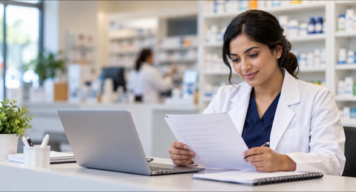 Pharmacist reviewing a checklist beside a laptop in a pharmacy
