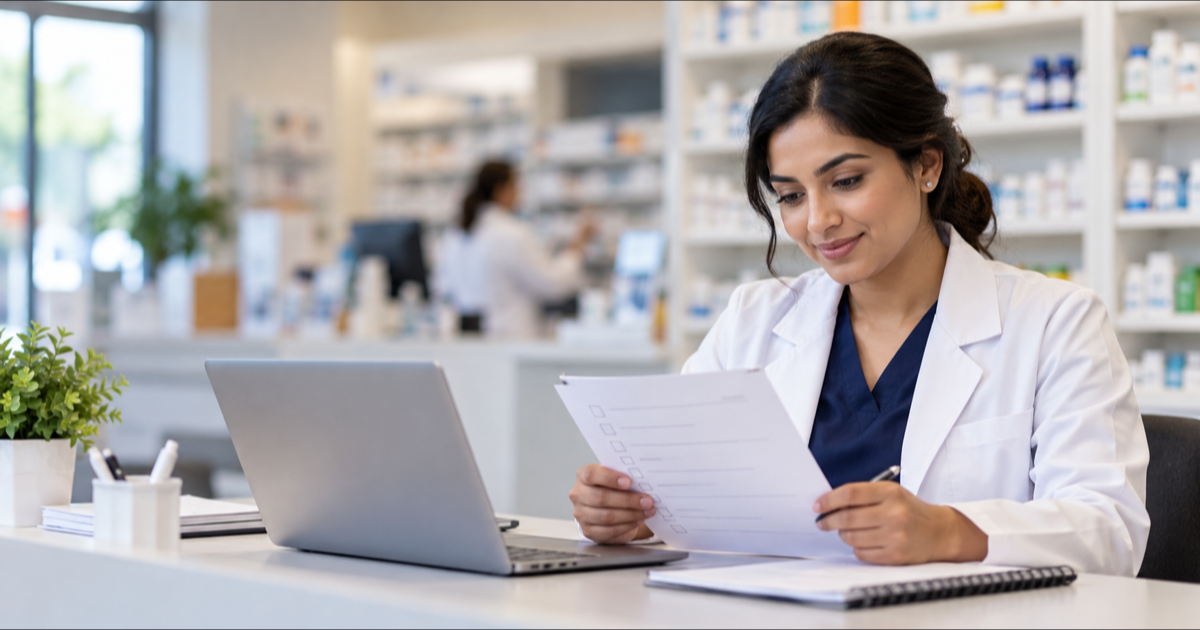 Pharmacist reviewing a checklist beside a laptop in a pharmacy