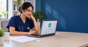 Healthcare professional checking a secure online OET result verification screen.